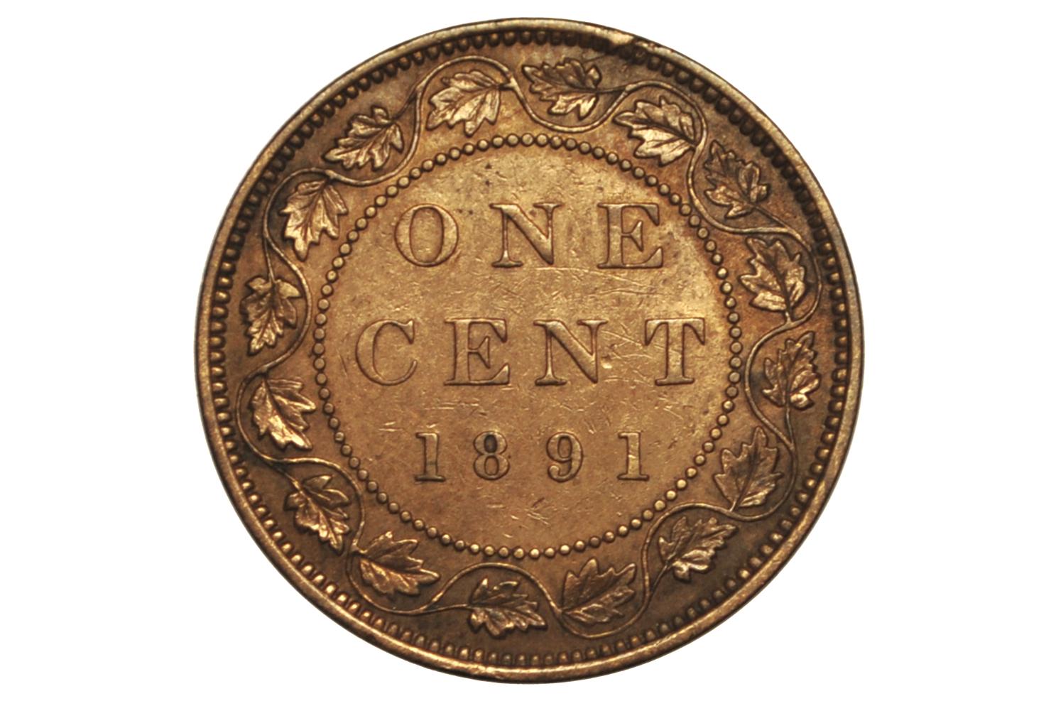 1891 Canadian One Cent - XF (Extremely Fine) Condition - Large Date, Large Leaf, Obv. 2 Variety - 1891 Penny Canada 1 Cent 1891