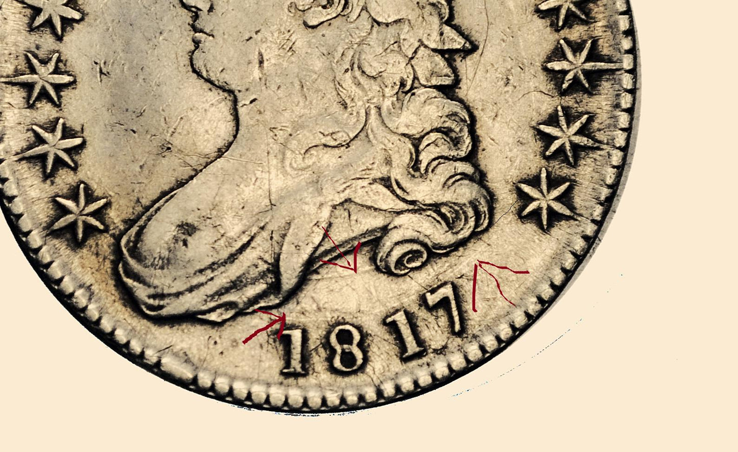 1817 Capped Bust Half Dollar - XF, Cleaned, Die Clash - Great Date - 1817 Half Dollar US Half Dollar 1817, Rare Early Half, Low Mintage Date