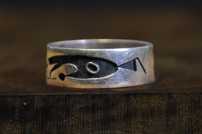 Vintage Hopi Sterling Silver Overlay Ring Size 11.5 - Signed Native American Sterling Silver Spiral Overlay Band Size 11.5