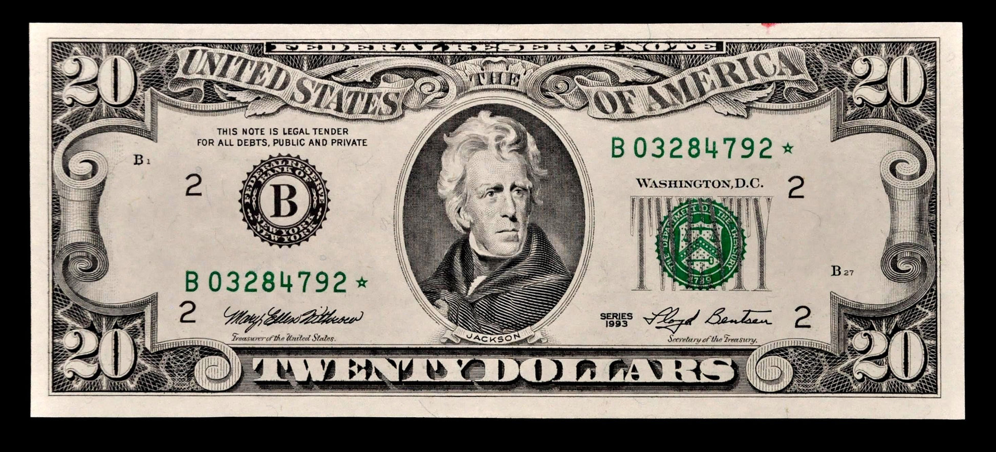 1993 Federal Reserve 20 Dollar Star Note - New York (B) Issue - Uncirculated (UNC) - 1993 Twenty Dollar Green Seal Star Note - Fr.2079-B*