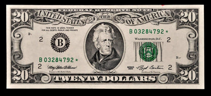 1993 Federal Reserve 20 Dollar Star Note - New York (B) Issue - Uncirculated (UNC) - 1993 Twenty Dollar Green Seal Star Note - Fr.2079-B*