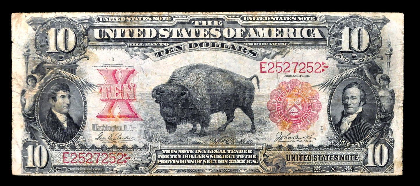 1901 US Legal Tender 10 Dollar Bison Note - RARE Parker/Burke Signed - Palindrome Serial - 1901 Large Red Seal Ten Dollar Note - Fr#119
