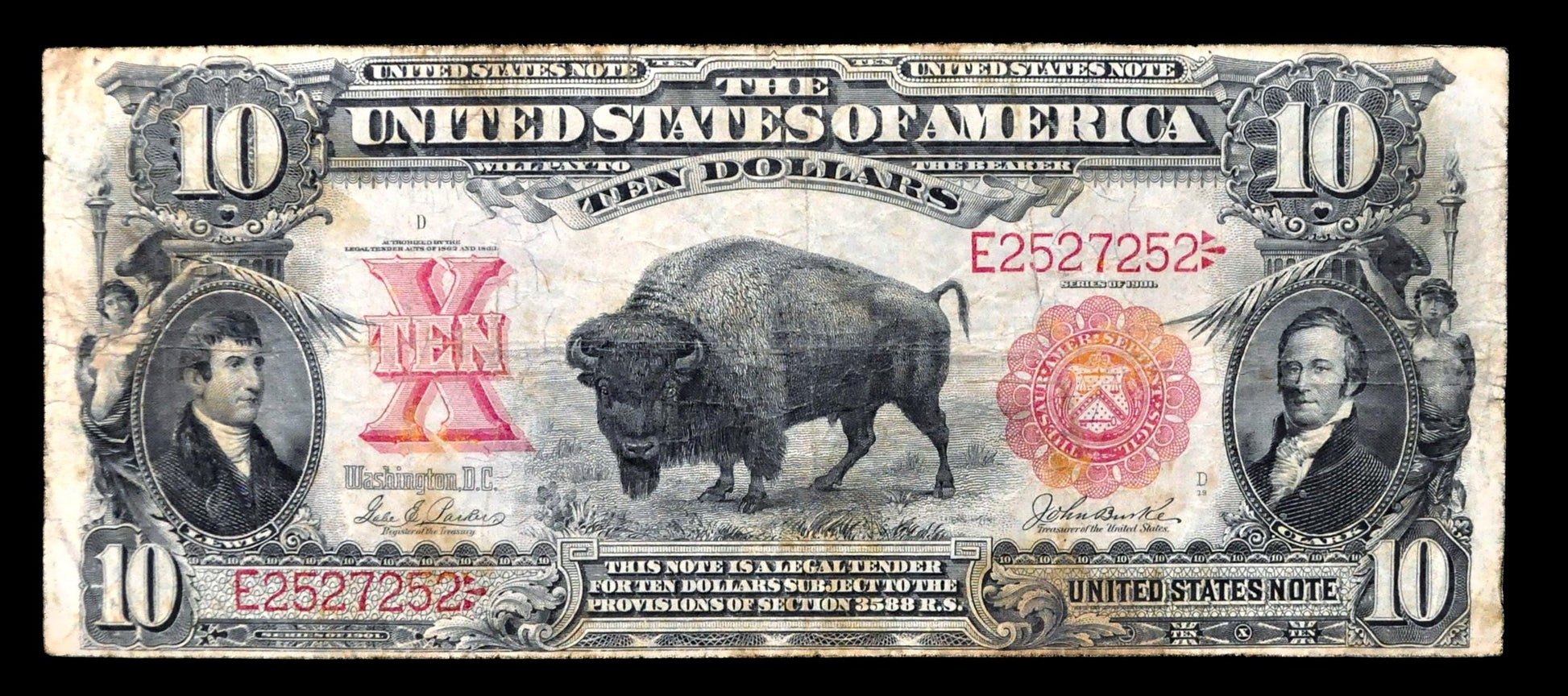 1901 US Legal Tender 10 Dollar Bison Note - RARE Parker/Burke Signed - Palindrome Serial - 1901 Large Red Seal Ten Dollar Note - Fr#119