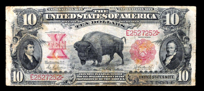 1901 US Legal Tender 10 Dollar Bison Note - RARE Parker/Burke Signed - Palindrome Serial - 1901 Large Red Seal Ten Dollar Note - Fr#119