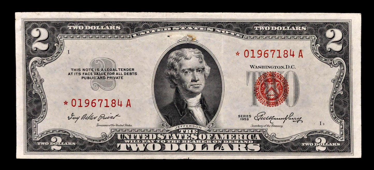 1953 Star Legal Tender 2 Dollar Note - Choice Extremely Fine (Xf+) - 1953 Red Seal Two Dollar U.s. Star Note - Fr#1509*