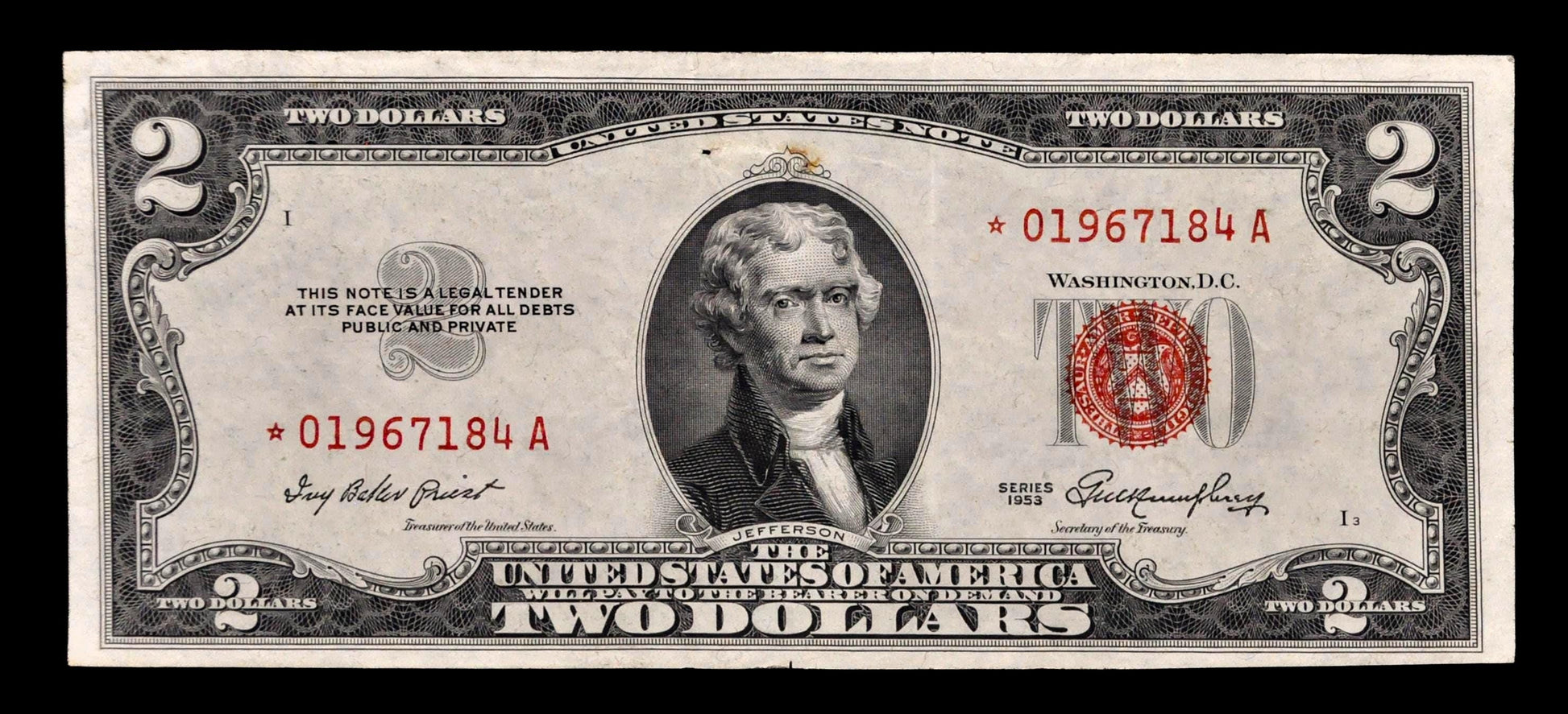 1953 Star Legal Tender 2 Dollar Note - Choice Extremely Fine (Xf+) - 1953 Red Seal Two Dollar U.s. Star Note - Fr#1509*