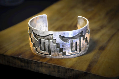 Geometric Navajo Cuff Sterling Silver "Micheal Tahe" Stamped - Stamped Geometric Antique Navajo Cuff Bracelet Sterling Silver