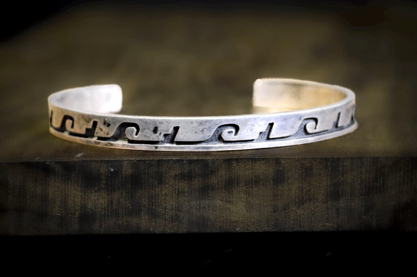 Vintage Hopi Casey Cuch Sterling Silver Cuff Bracelet - Hopi Silver Overlay Wave Pattern Cuff Bracelet by Casey Cuch