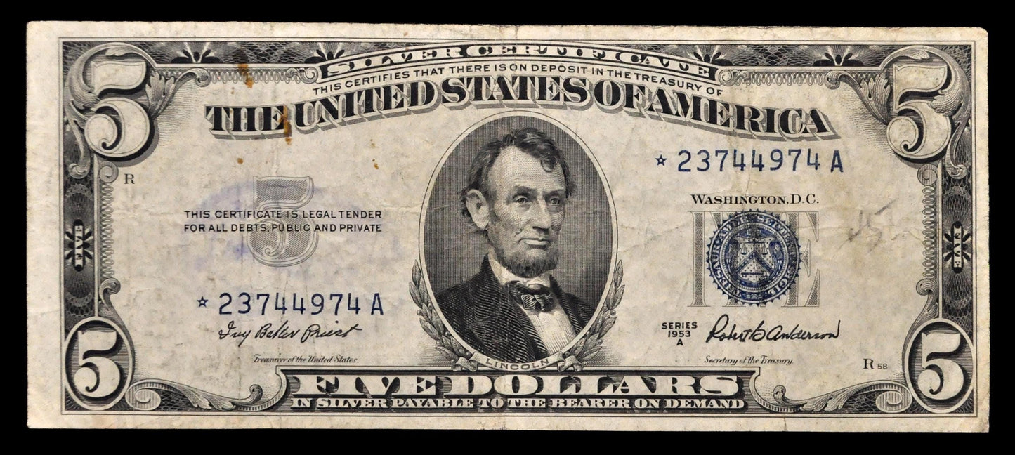 1953A Silver Certificate 5 Dollar Star Note - Very Fine (VF) - 1953-A Blue Seal Five Dollars Star Note - Fr.1656*