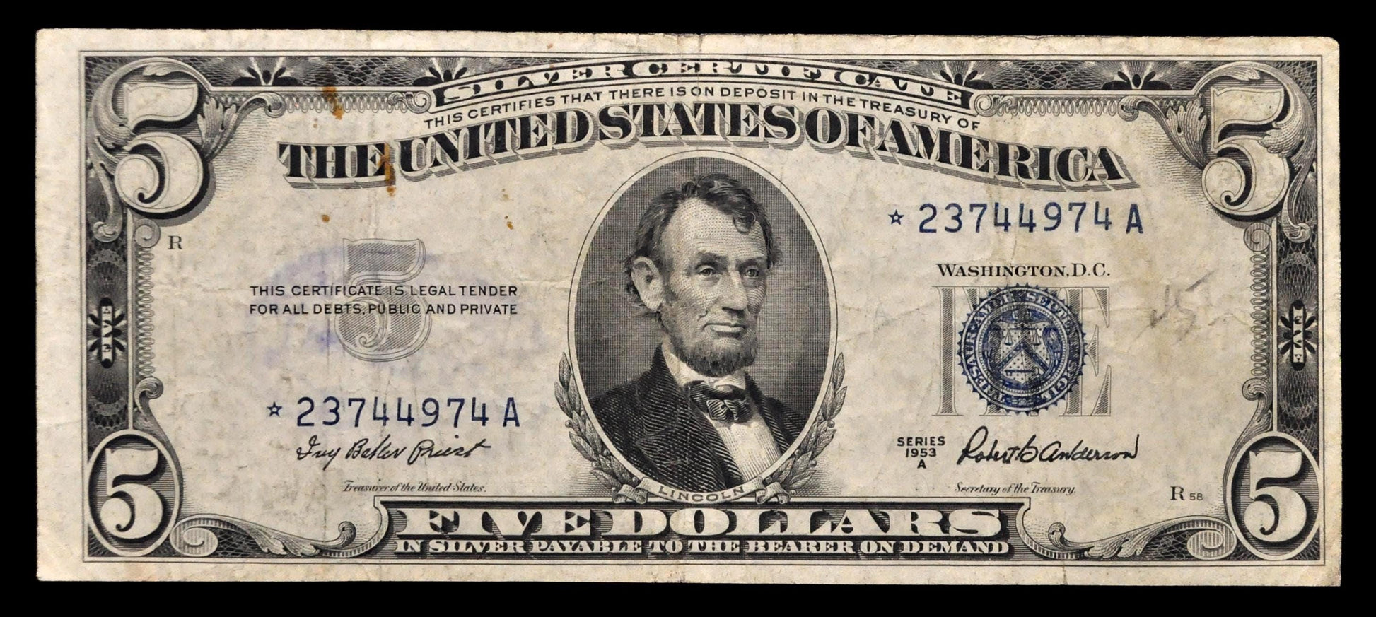 1953A Silver Certificate 5 Dollar Star Note - Very Fine (VF) - 1953-A Blue Seal Five Dollars Star Note - Fr.1656*