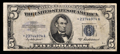 1953A Silver Certificate 5 Dollar Star Note - Very Fine (VF) - 1953-A Blue Seal Five Dollars Star Note - Fr.1656*