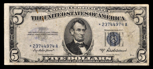 1953A Silver Certificate 5 Dollar Star Note - Very Fine (VF) - 1953-A Blue Seal Five Dollars Star Note - Fr.1656*