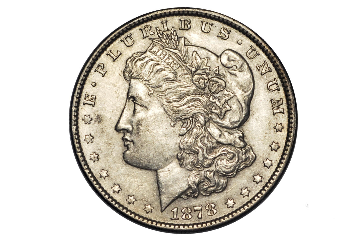 1878 Morgan Silver Dollar Reverse of 79 - Seven Feathers - AU50 (About Uncirculated) Grade - 1878 Seven Feathers - 7 Tailfeathers Reverse of 1879