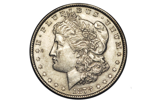 1878 Morgan Silver Dollar Reverse of 79 - Seven Feathers - AU50 (About Uncirculated) Grade - 1878 Seven Feathers - 7 Tailfeathers Reverse of 1879