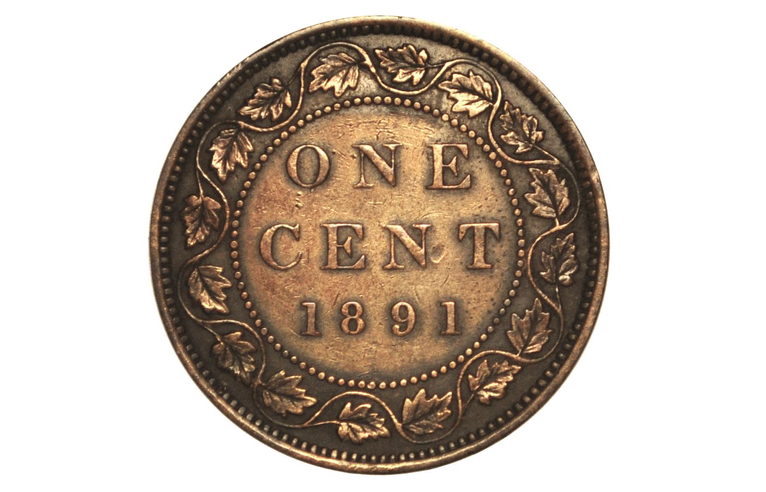 1891 Canadian One Cent - XF (Extremely Fine) Condition - Large Date, Large Leaf, Obv. 2 Variety - 1891 Penny Canada 1 Cent 1891