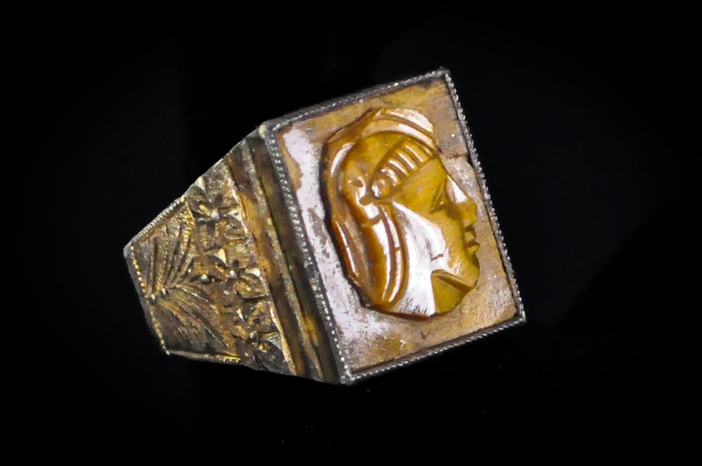 Vintage Thick Art Deco Silver Tiger's Eye Centurion Cameo Ring - Size 9 - Stamped and Tested Silver - Greco Roman Cameo Ring
