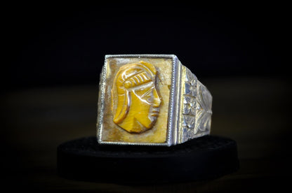 Vintage Thick Art Deco Silver Tiger's Eye Centurion Cameo Ring - Size 9 - Stamped and Tested Silver - Greco Roman Cameo Ring
