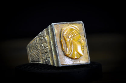 Vintage Thick Art Deco Silver Tiger's Eye Centurion Cameo Ring - Size 9 - Stamped and Tested Silver - Greco Roman Cameo Ring