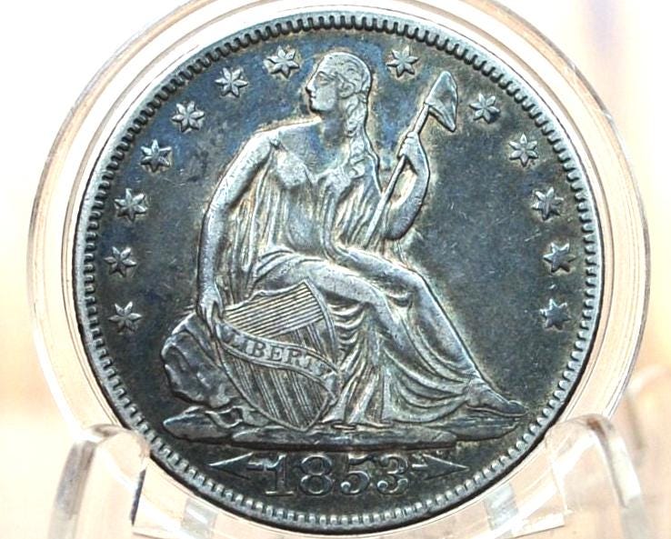 1853 Seated Liberty Half Dollar - AU Grade / Condition, Beautiful Coin, Lustrous - 1853 Liberty Seated Silver Half Dollar 1853 - Authentic