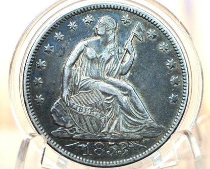 1853 Seated Liberty Half Dollar - AU Grade / Condition, Beautiful Coin, Lustrous - 1853 Liberty Seated Silver Half Dollar 1853 - Authentic