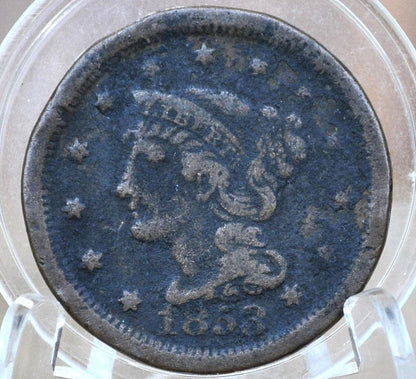 1853 Braided Hair Large Cent - VG-F Details, Corrosion - 1853 Coronet Cent 1853 US Large Cent Braided Hair 1839 to 1857
