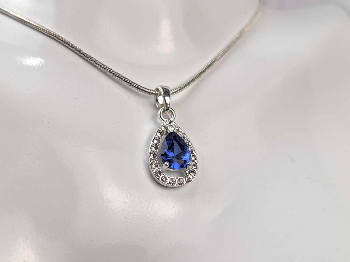Blue Sapphire Pear Shaped Necklace Pendant - Teardrop Blue and White Sapphire Necklace Charm
