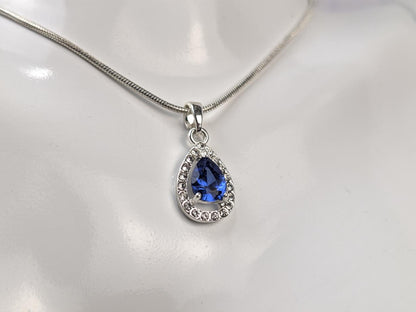 Blue Sapphire Pear Shaped Necklace Pendant - Teardrop Blue and White Sapphire Necklace Charm