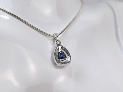 Blue Sapphire Pear Shaped Necklace Pendant - Teardrop Blue and White Sapphire Necklace Charm