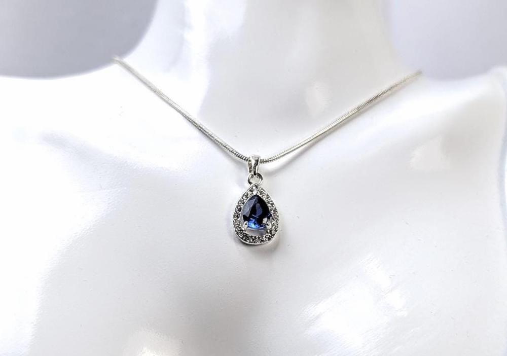 Blue Sapphire Pear Shaped Necklace Pendant - Teardrop Blue and White Sapphire Necklace Charm