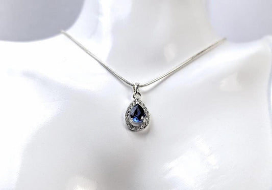 Blue Sapphire Pear Shaped Necklace Pendant - Teardrop Blue and White Sapphire Necklace Charm