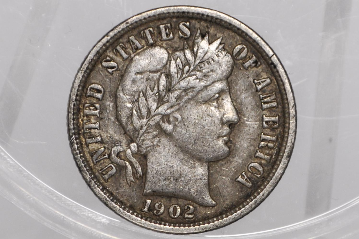 1902-O Barber Silver Dime - AU Details, Better Date! New Orleans Mint 1902 Dime