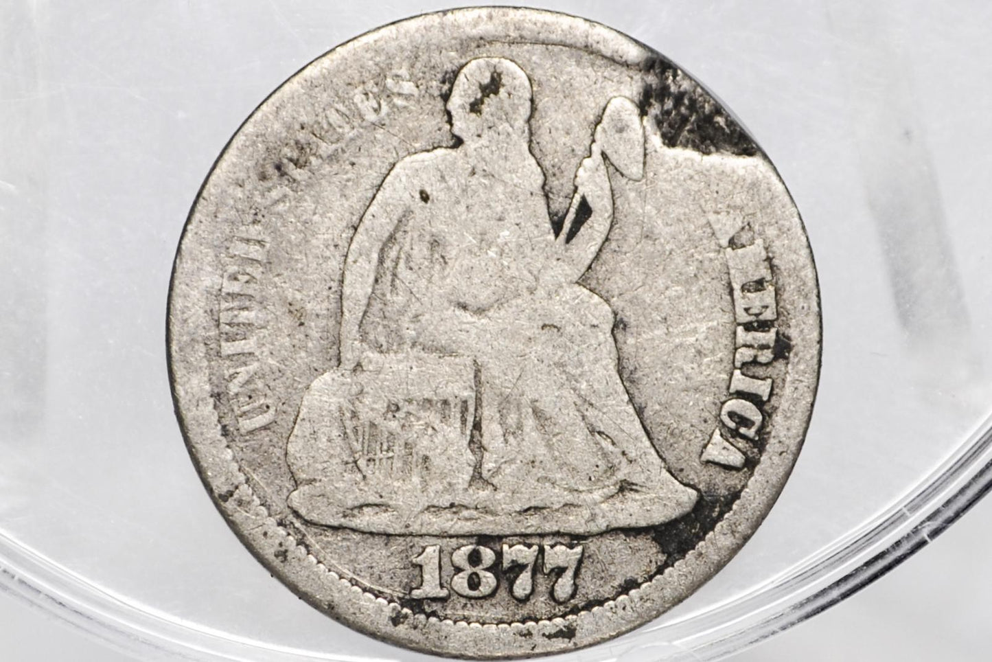 1877-CC Seated Liberty Dime - F/VF Details, Dented - Carson City Mint - 1877CC Silver Dime / 1877 Liberty Dime - Carson City Nevada