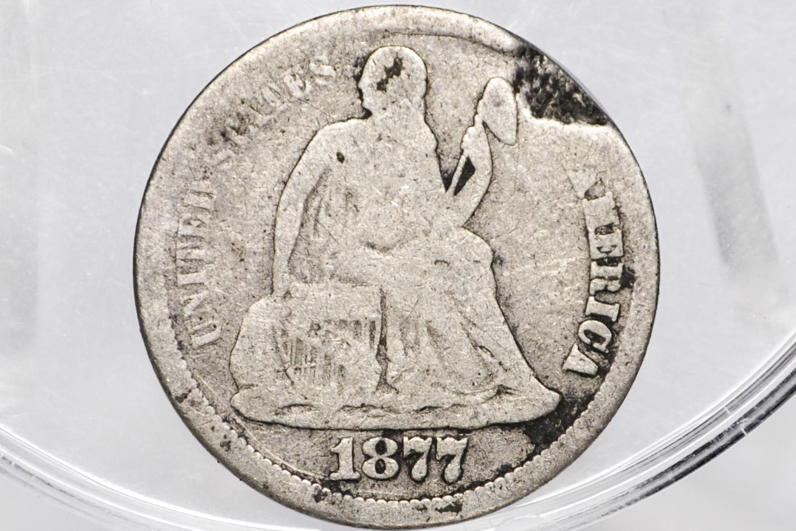 1877-CC Seated Liberty Dime - F/VF Details, Dented - Carson City Mint - 1877CC Silver Dime / 1877 Liberty Dime - Carson City Nevada