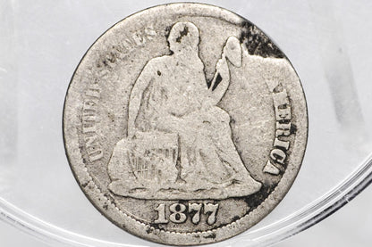 1877-CC Seated Liberty Dime - F/VF Details, Dented - Carson City Mint - 1877CC Silver Dime / 1877 Liberty Dime - Carson City Nevada