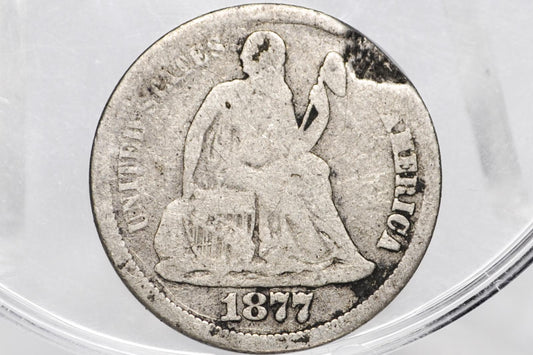 1877-CC Seated Liberty Dime - F/VF Details, Dented - Carson City Mint - 1877CC Silver Dime / 1877 Liberty Dime - Carson City Nevada