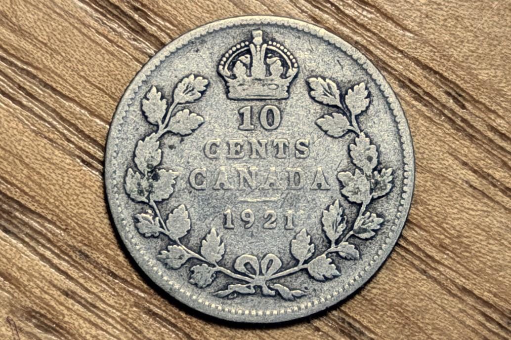 1921 Canadian Silver 10 Cent Coin - AU (About Uncirculated) Grade / Condition - King George V - Canada 10 Cent 80% Silver 1921, High Grade