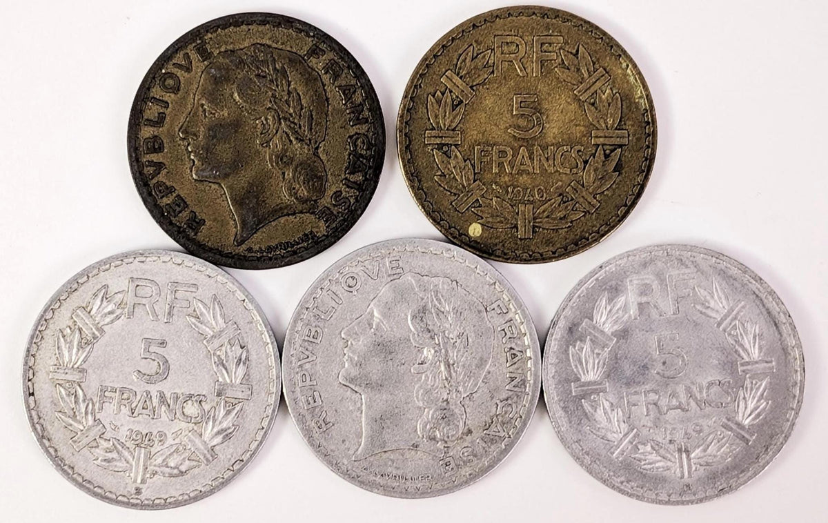 1940's 5 Franc French Coins - Excellent Condition - French Five Franc Coin - 5 Fr / 5 Francs - Light Metal- Great for gifts/jewelry