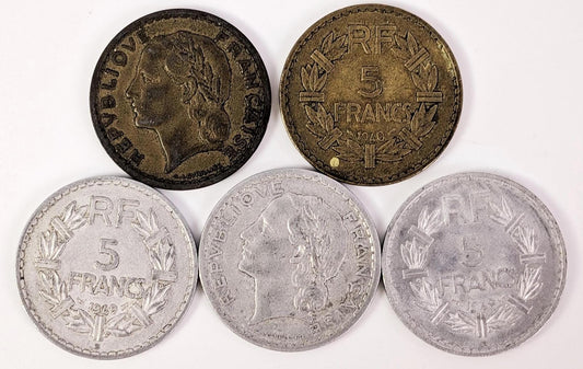 1940's 5 Franc French Coins - Excellent Condition - French Five Franc Coin - 5 Fr / 5 Francs - Light Metal- Great for gifts/jewelry