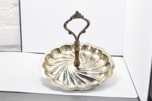 Vintage Silver Plated Tidbit Server Single Tier Candy Nut Dish with Handle - Silverplate Bonbon Dish Scalloped Swirl Tray Ornate Central Loop Handle