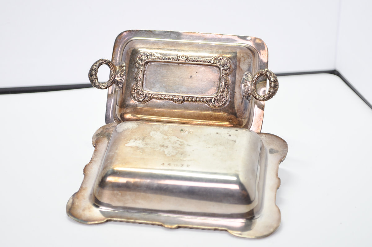 Vintage English Silver-Plated Lidded Butter Dish Mini Entree Numbered 44072 - Vintage Ornate English Silver-Plated Lidded Miniature Butter Dish