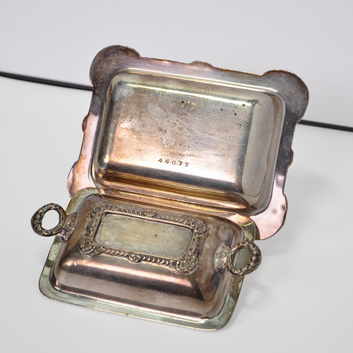 Vintage English Silver-Plated Lidded Butter Dish Mini Entree Numbered 44072 - Vintage Ornate English Silver-Plated Lidded Miniature Butter Dish