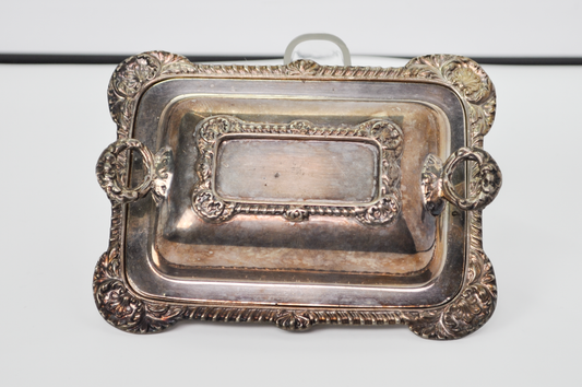 Vintage English Silver-Plated Lidded Butter Dish Mini Entree Numbered 44072 - Vintage Ornate English Silver-Plated Lidded Miniature Butter Dish