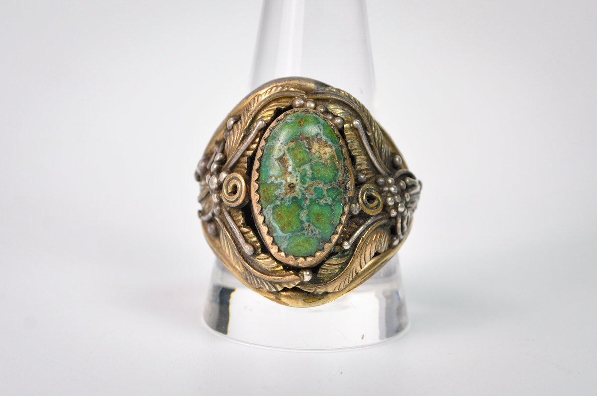 Vintage Navajo Sterling 12K Gold Filled Green Turquoise Ring Size 12.5 - Vintage Signed RN Navajo Sterling Silver & 12K GF Green Turquoise Leaf Ring, Size 12.5