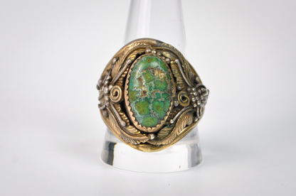 Vintage Navajo Sterling 12K Gold Filled Green Turquoise Ring Size 12.5 - Vintage Signed RN Navajo Sterling Silver & 12K GF Green Turquoise Leaf Ring, Size 12.5