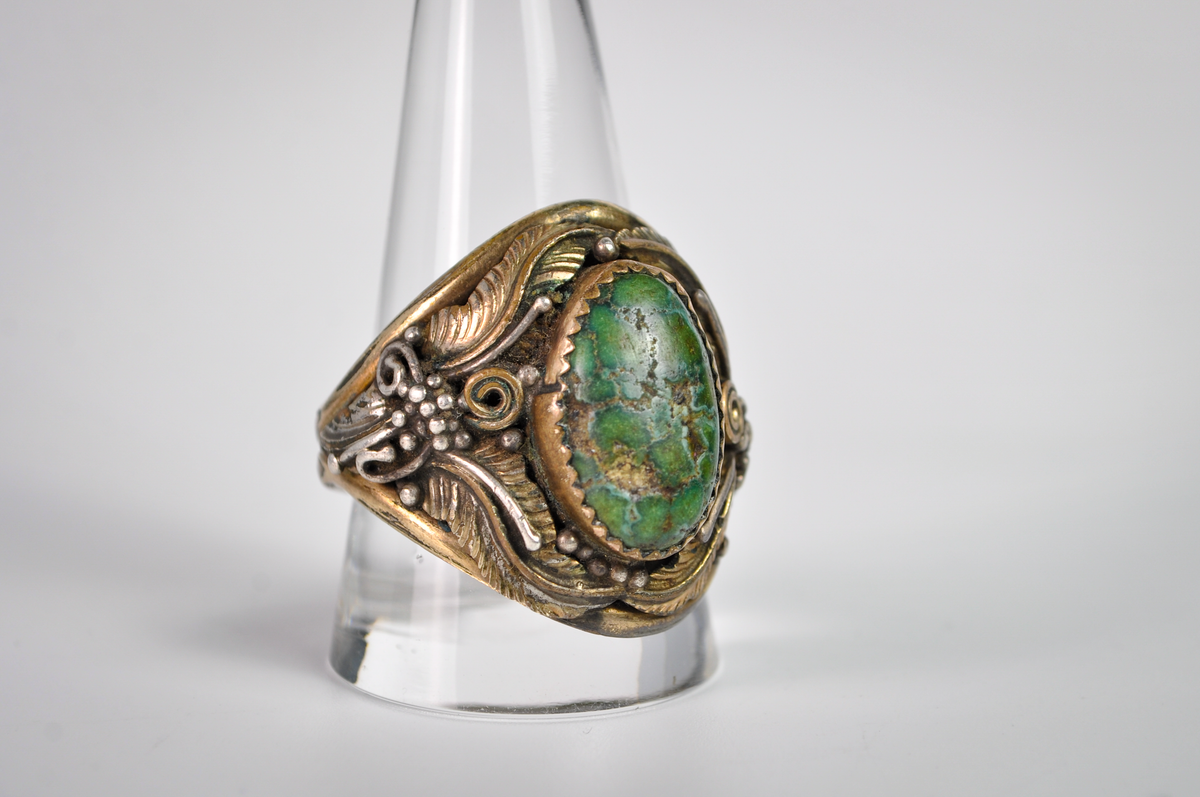 Vintage Navajo Sterling 12K Gold Filled Green Turquoise Ring Size 12.5 - Vintage Signed RN Navajo Sterling Silver & 12K GF Green Turquoise Leaf Ring, Size 12.5