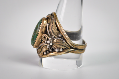 Vintage Navajo Sterling 12K Gold Filled Green Turquoise Ring Size 12.5 - Vintage Signed RN Navajo Sterling Silver & 12K GF Green Turquoise Leaf Ring, Size 12.5