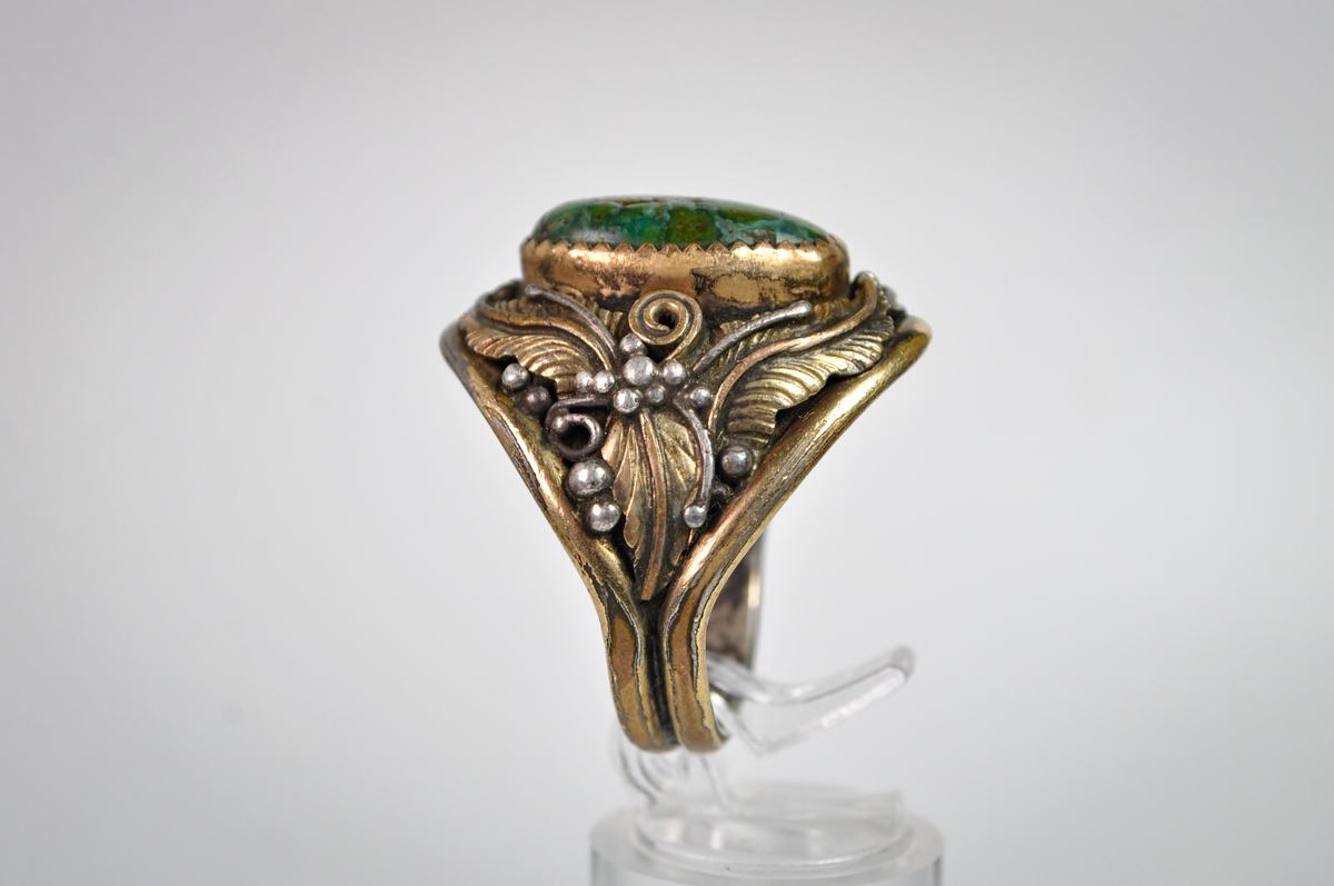 Vintage Navajo Sterling 12K Gold Filled Green Turquoise Ring Size 12.5 - Vintage Signed RN Navajo Sterling Silver & 12K GF Green Turquoise Leaf Ring, Size 12.5