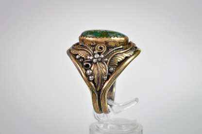 Vintage Navajo Sterling 12K Gold Filled Green Turquoise Ring Size 12.5 - Vintage Signed RN Navajo Sterling Silver & 12K GF Green Turquoise Leaf Ring, Size 12.5