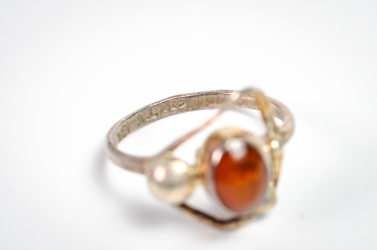 Vintage Modernist Sterling Silver Amber Ring Size 8 Open Wire Statement Design - Size 8 Amber Vintage Silver Statement Jewelry