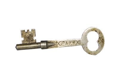 P. & F. C. Antique Solid Barrel Key Stamped 18 Victorian Interior Door Key - Antique P. &amp; F. Corbin Skeleton Key No. 18 Ornate Script Logo Ribbon Scroll Bow